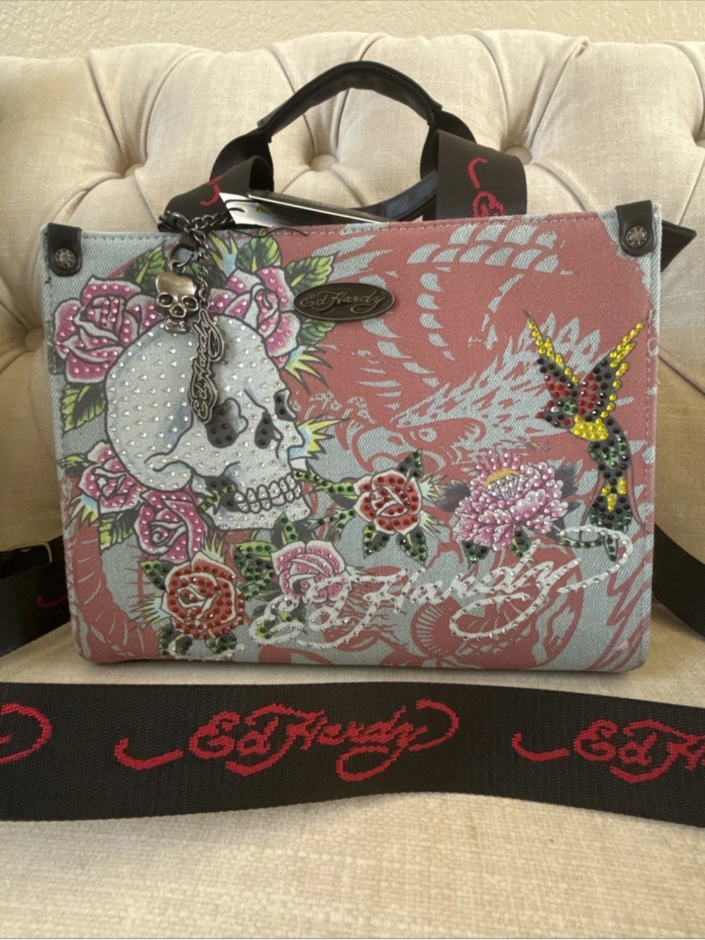 NWT Ed Hardy Pink Denim Rhinestone Skull Satchel Bag Crossbody Y2K McBling